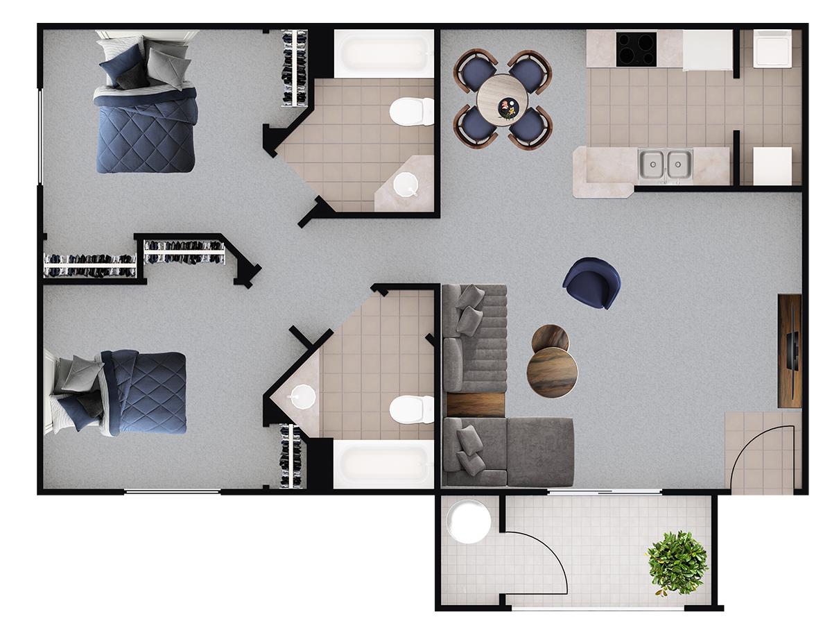 Floor plan for 2 beds, 2 baths, 991 sqft